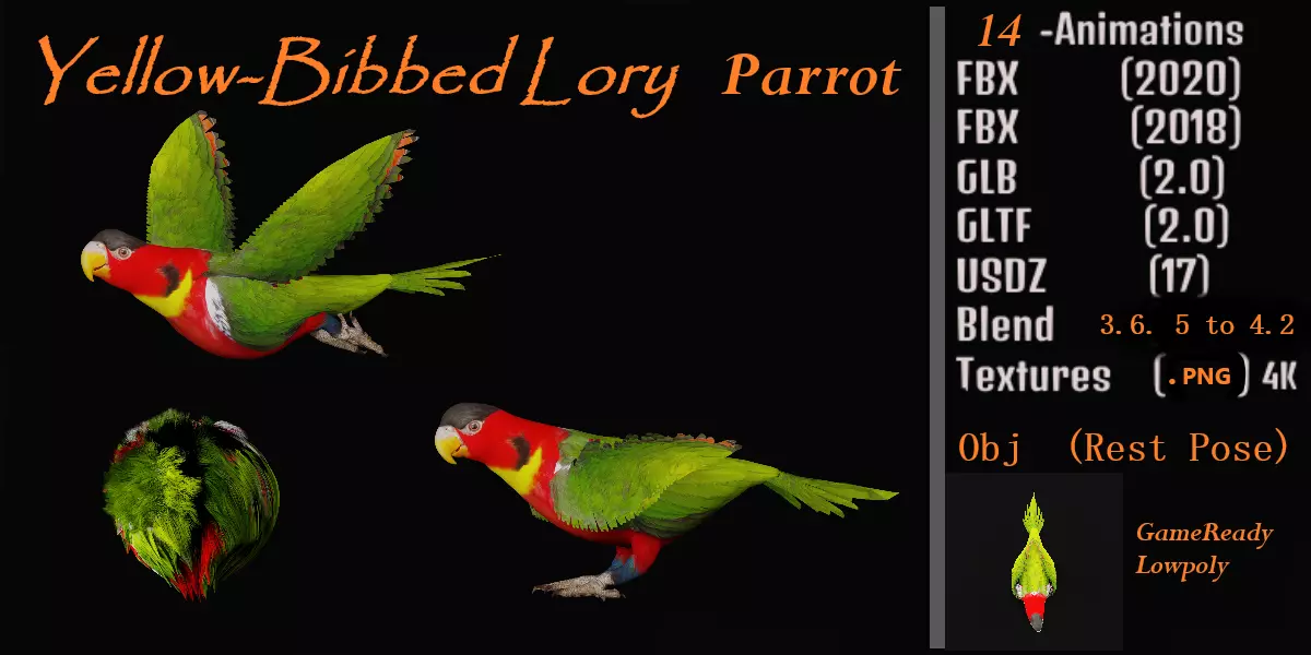 Yellow Bibbed Lory Parrot Bird Low-poly 3D model_0