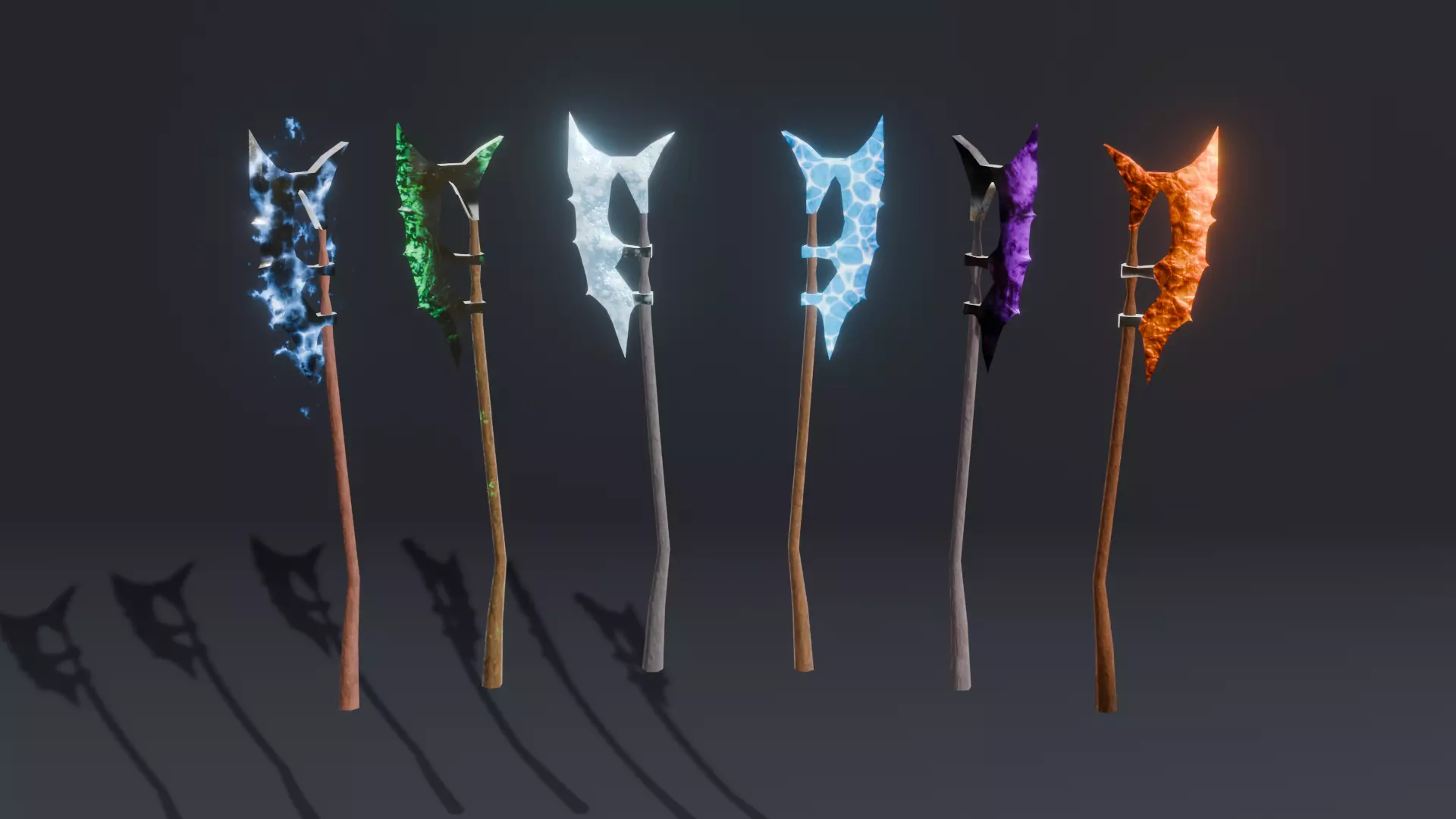Set of 6 Elemental Battle Axes - Fantasy medieval weapon Low-poly 3D model_0