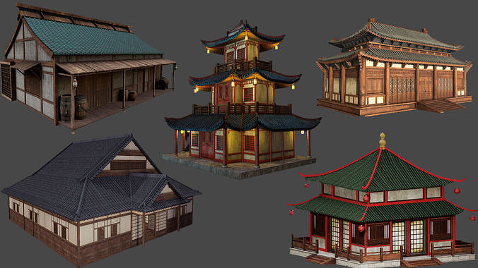 Asian Japanese PBR Building Collection 3D model 3