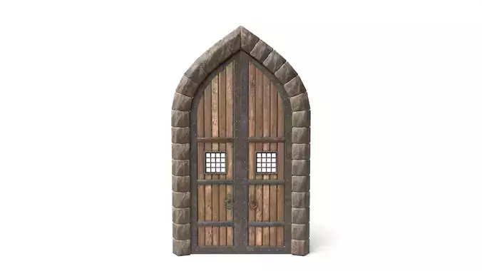 Medieval Door with Pointed Arch made of Wood Metal and Stone 3D model