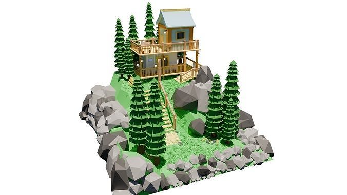 BLENDER LOW POLY STYLE HUT AND ENVIRONMENT 3D model
