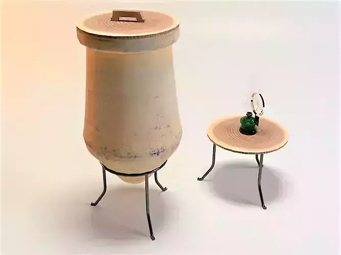 water jug and gas lamp and small wooden table