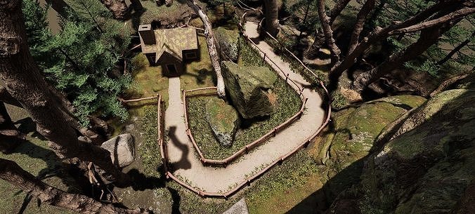 Wooden House and Path in a Fantasy Nordic Forest 3D model