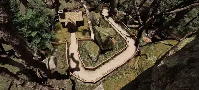 Wooden House and Path in a Fantasy Nordic Forest 3D model