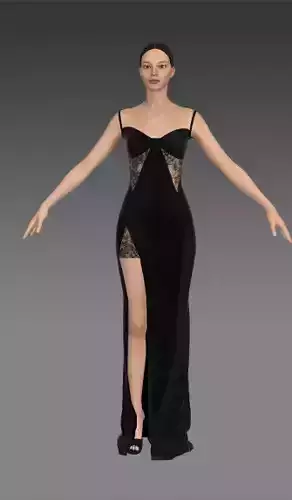 Lace detail and slit skirt dress heart neckline belt paneled Low-poly 3D model