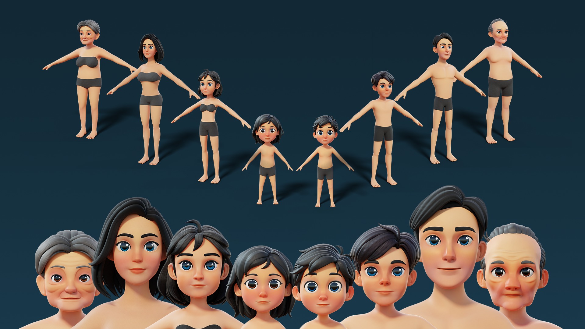 Cartoon Base Mesh Family Pack 3D model_1