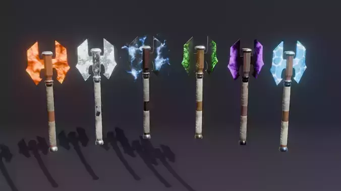 Set of 6 Elemental Double Bit Axe 01 - Fantasy weapon