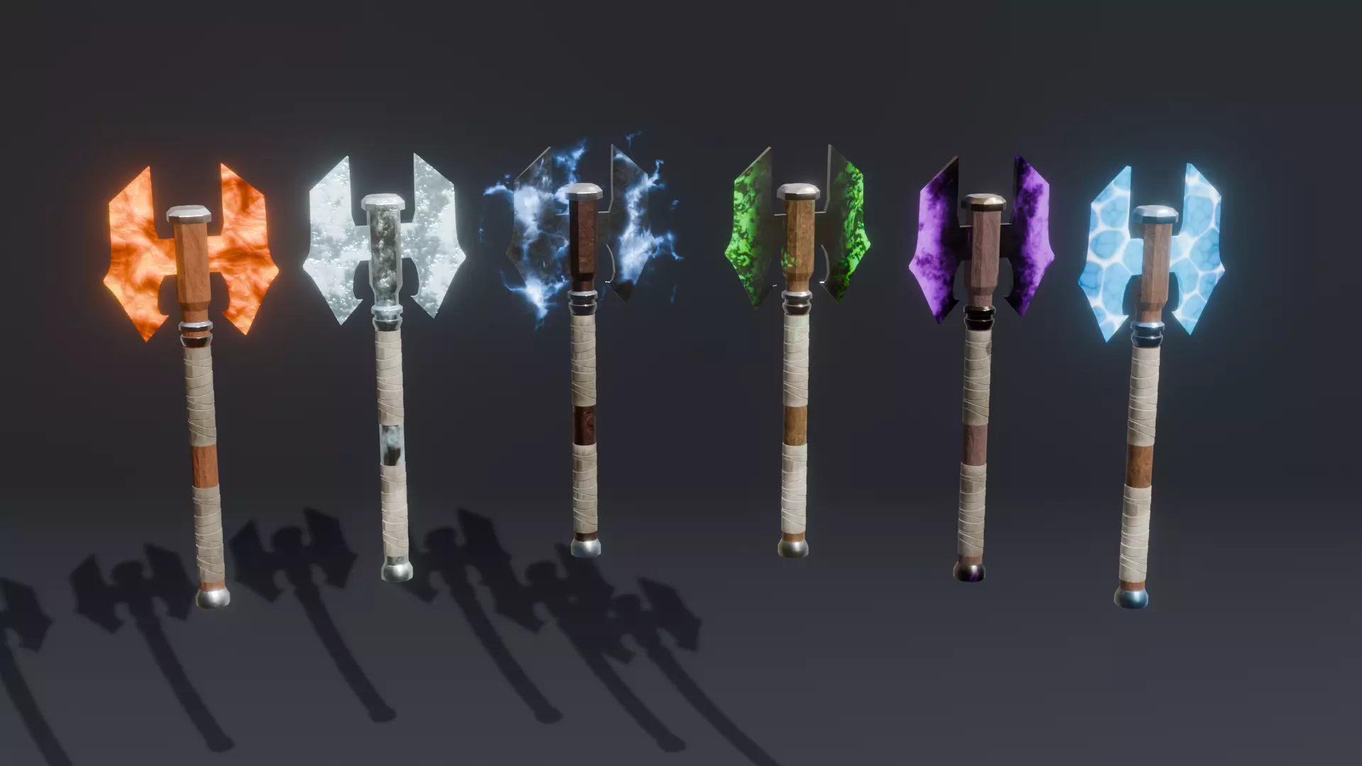 Set of 6 Elemental Double Bit Axe 01 - Fantasy weapon Low-poly 3D model_0