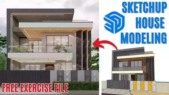 Sketchup Modern House Design 3d Modeling Tutorial Free 3D model