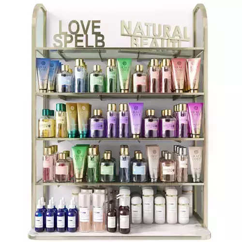 A rack with cosmetics in a beauty salon or supermarket