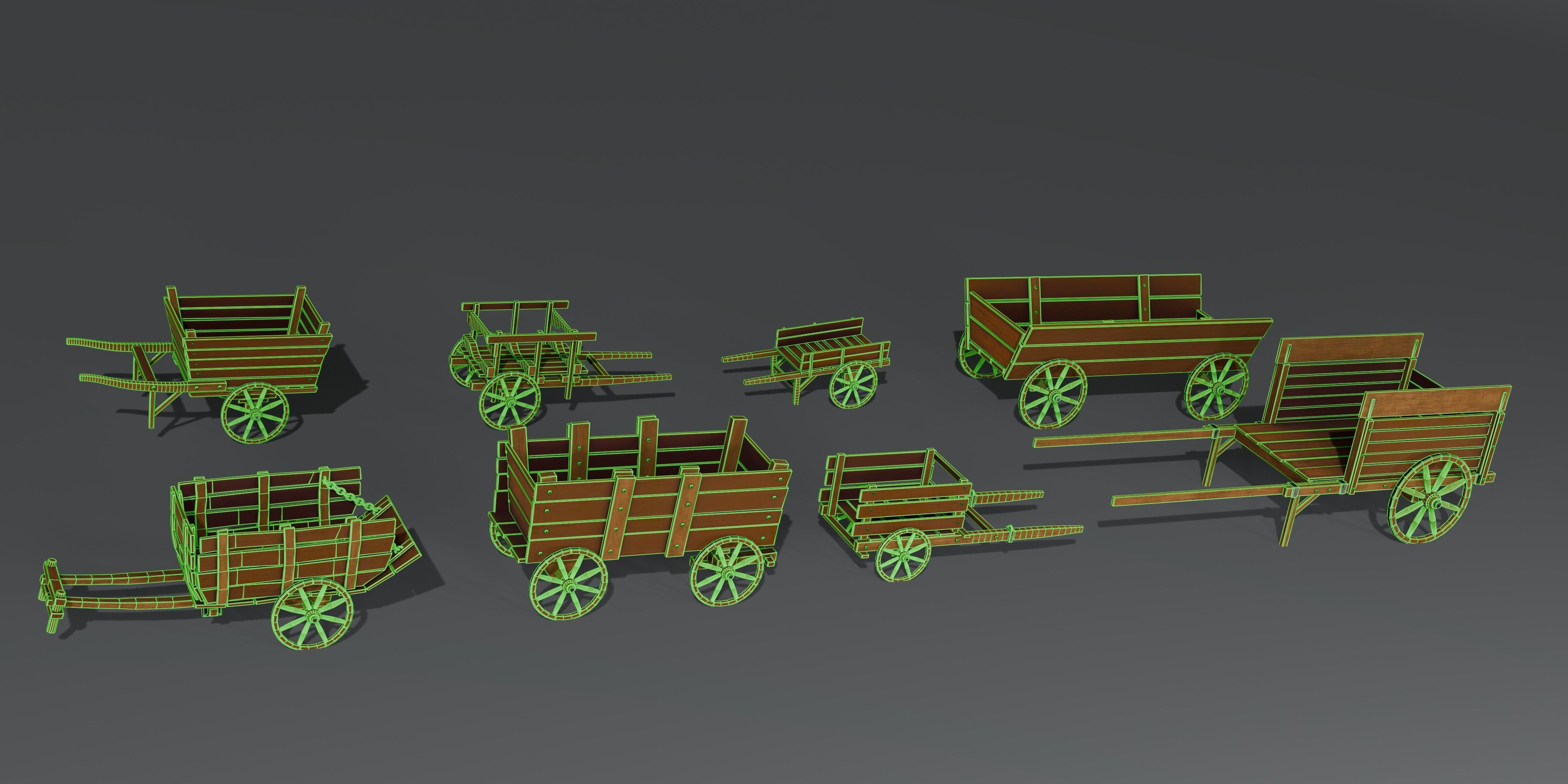 Wooden Stylized Carts Low-poly 3D model_1