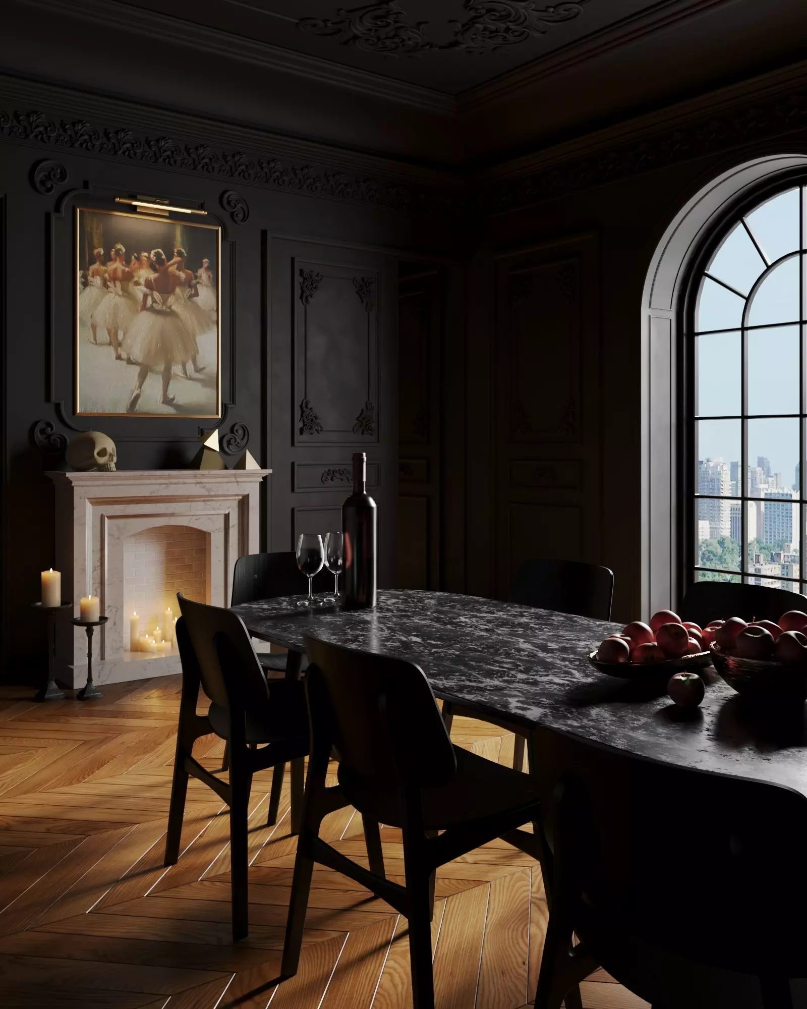 Dark Neoclassic interior scene 3D model_0