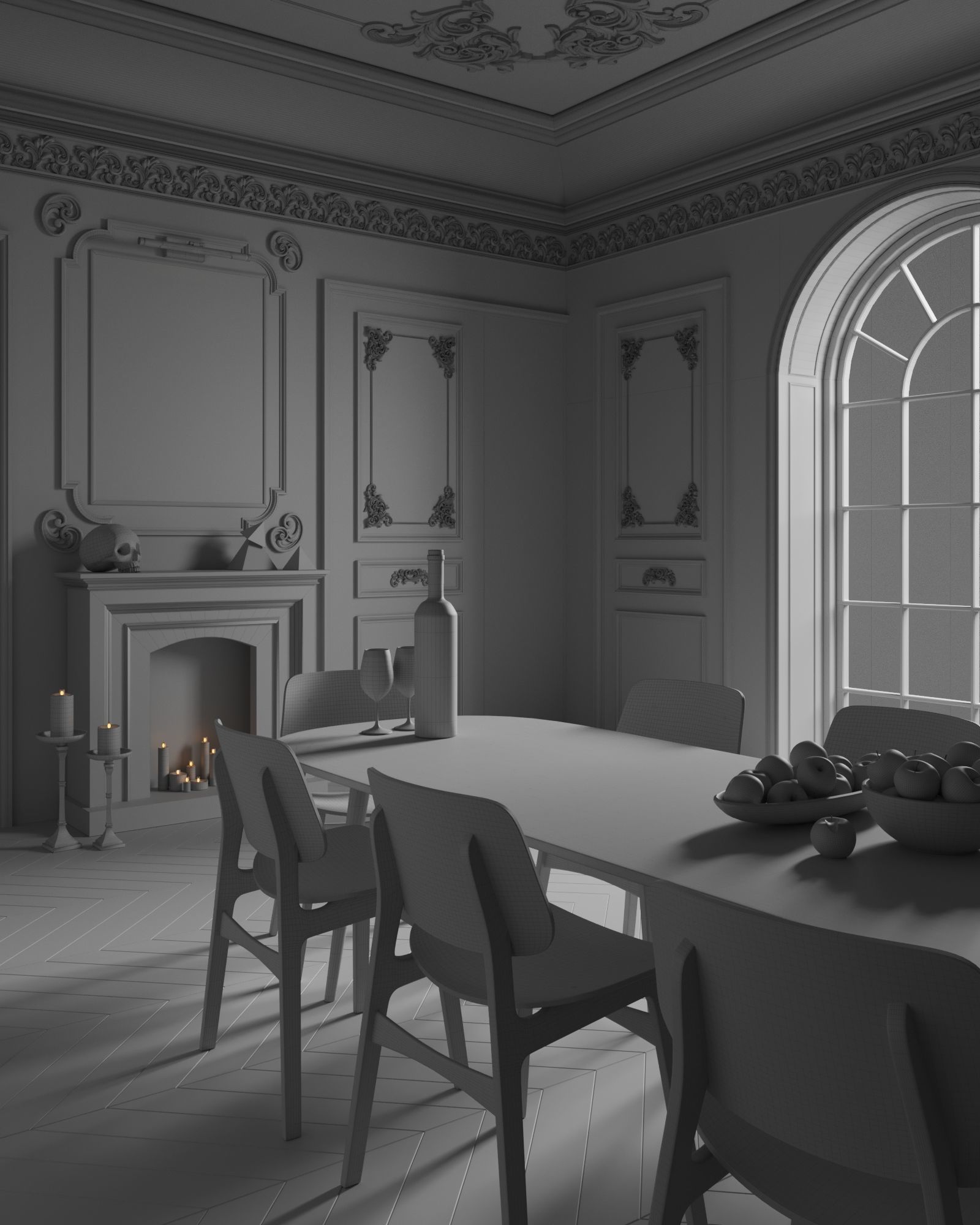 Dark Neoclassic interior scene 3D model_5