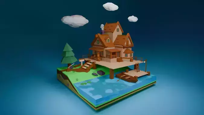 Low Poly Fantasy Cabin on the Lake 3D Scene