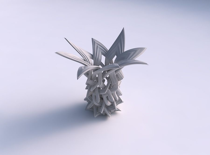 Vase widening with interlacing lattice and extruded lines streched and wavy top