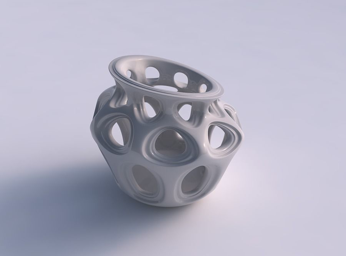 Vase wide curved with smooth beveled cuts squeezed with streched top corner