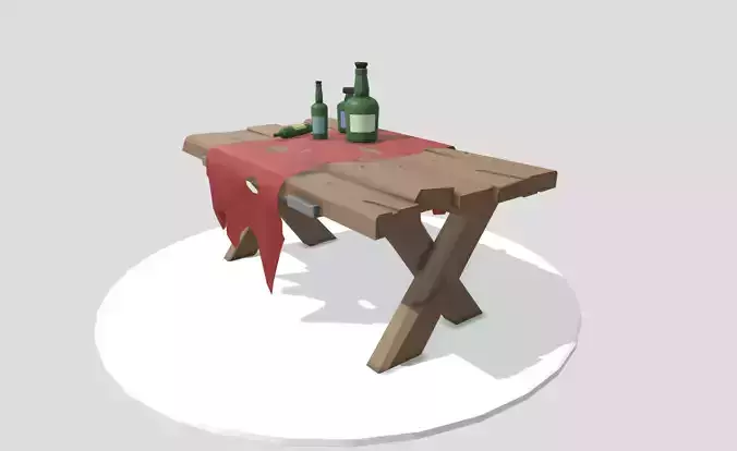 Low-Poly Wooden Table with Bottle