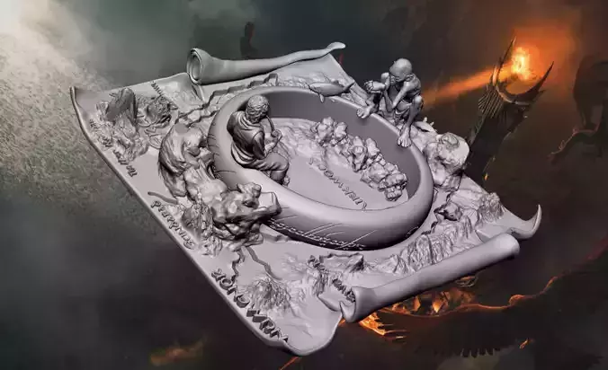 Bilbo and Gollum on the ring of the Middle earth map 3D print model