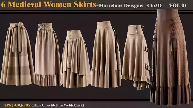 6 Medieval Skirts-MD-Clo3D-ZPRJ-FBX-OBJ 3D model