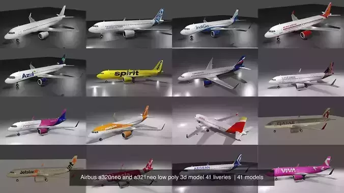 Airbus a320neo and a321neo low poly 3d model 41 liveries 