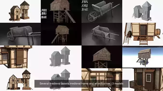 Several medieval assets medieval home and wheelbarrow 3D Model Collection