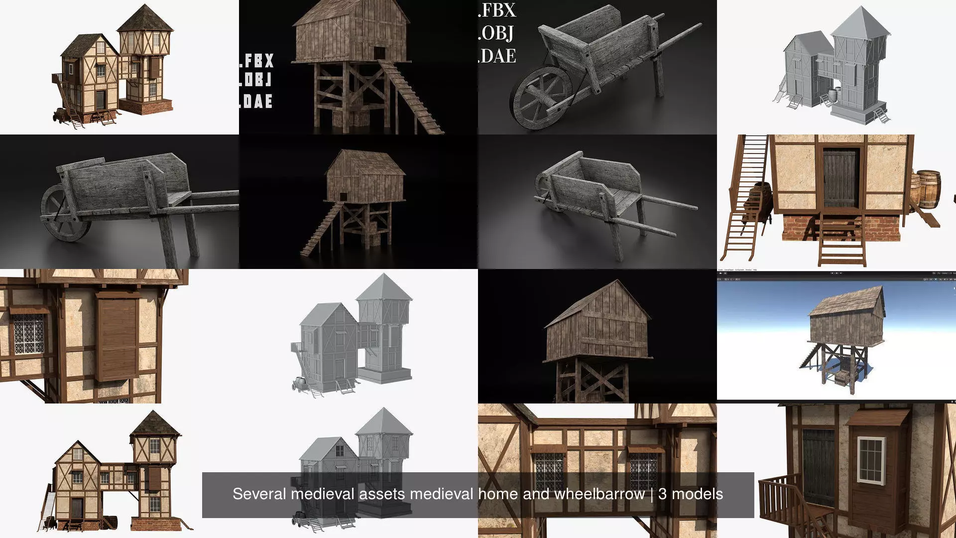 Several medieval assets medieval home and wheelbarrow 3D Model Collection_0
