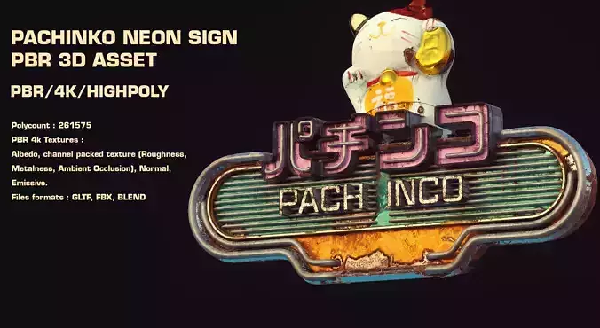 Cyberpunk Pachinko Neon Sign PBR 3d asset Low-poly 3D model