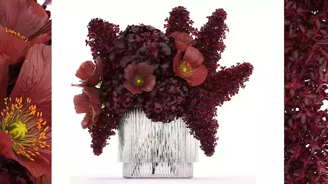 Bouquet of burgundy flowers in a vase lilac poppy hydrangea 3D model