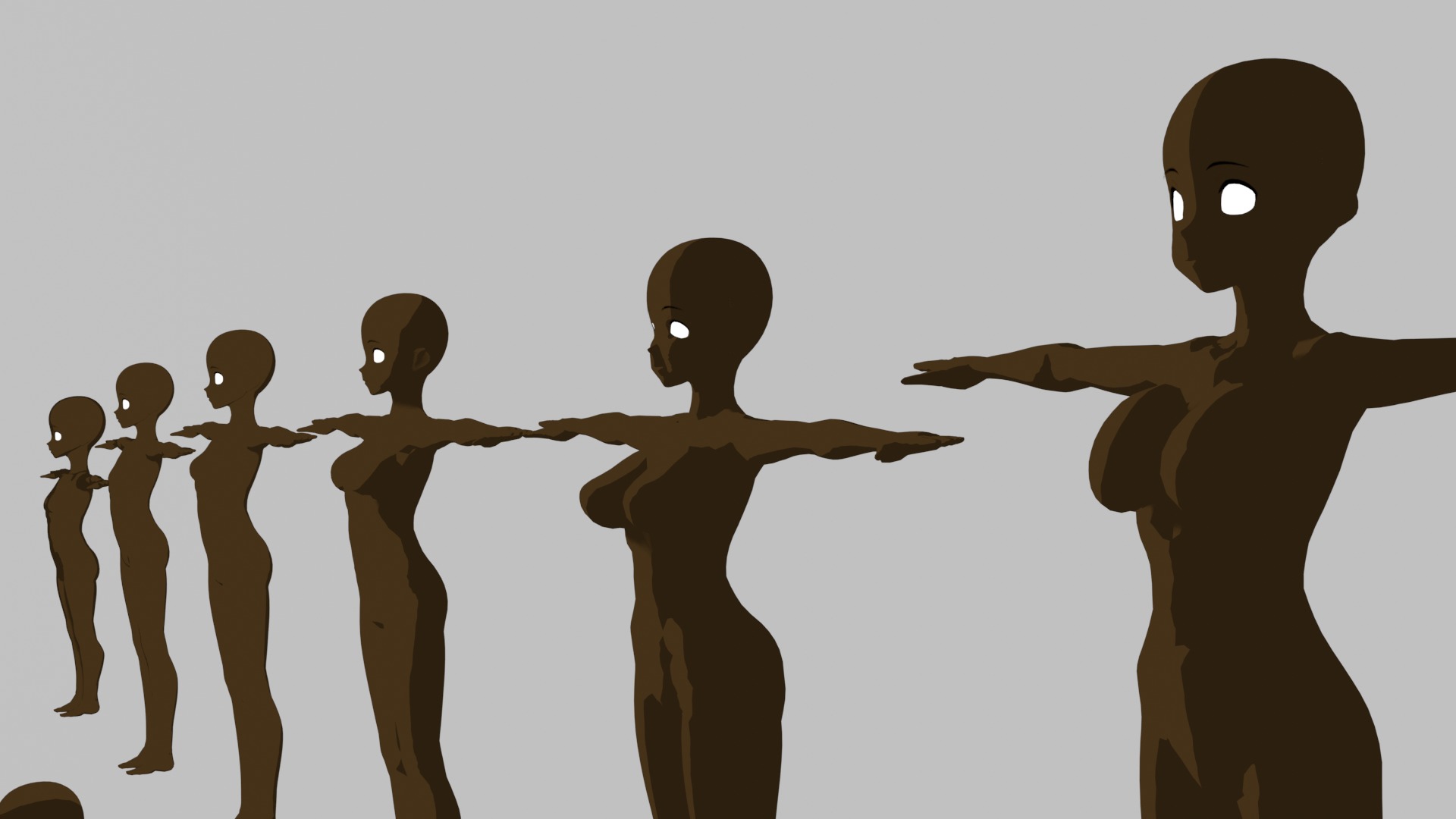 Base Meshes Black Female models Rigged - Manga - Baby to Adult Low-poly 3D model_4