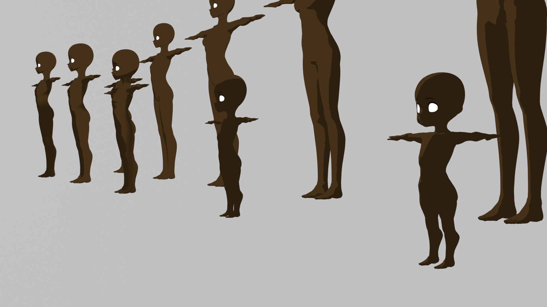Base Meshes Black Female models Rigged - Manga - Baby to Adult Low-poly 3D model_9