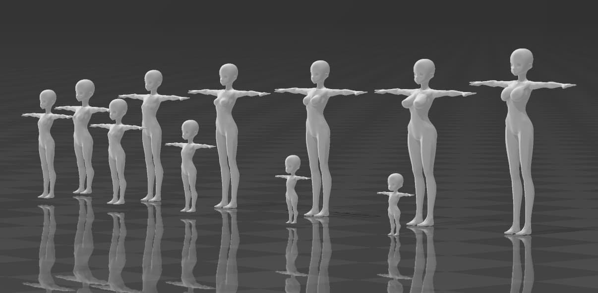 Base Meshes Black Female models Rigged - Manga - Baby to Adult Low-poly 3D model_3