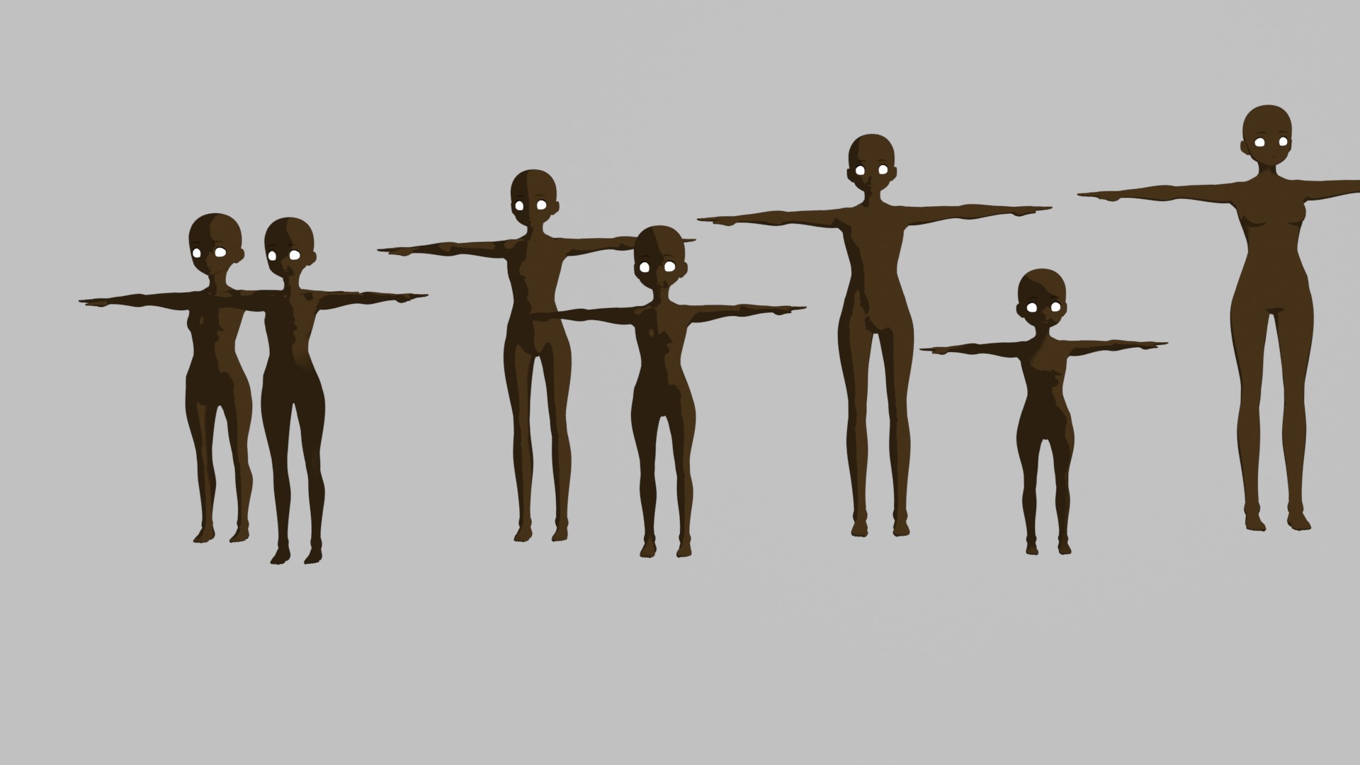 Base Meshes Black Female models Rigged - Manga - Baby to Adult Low-poly 3D model_14