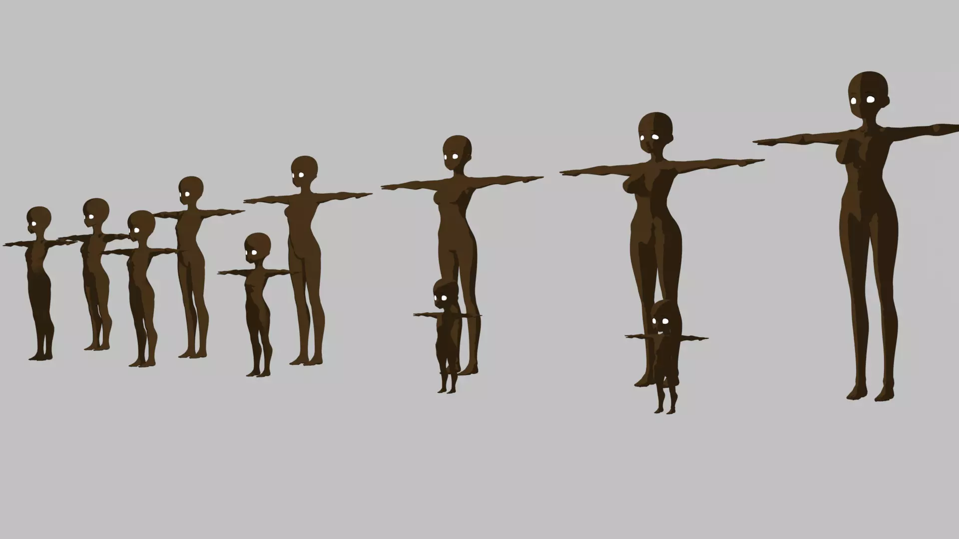 Base Meshes Black Female models Rigged - Manga - Baby to Adult Low-poly 3D model_0