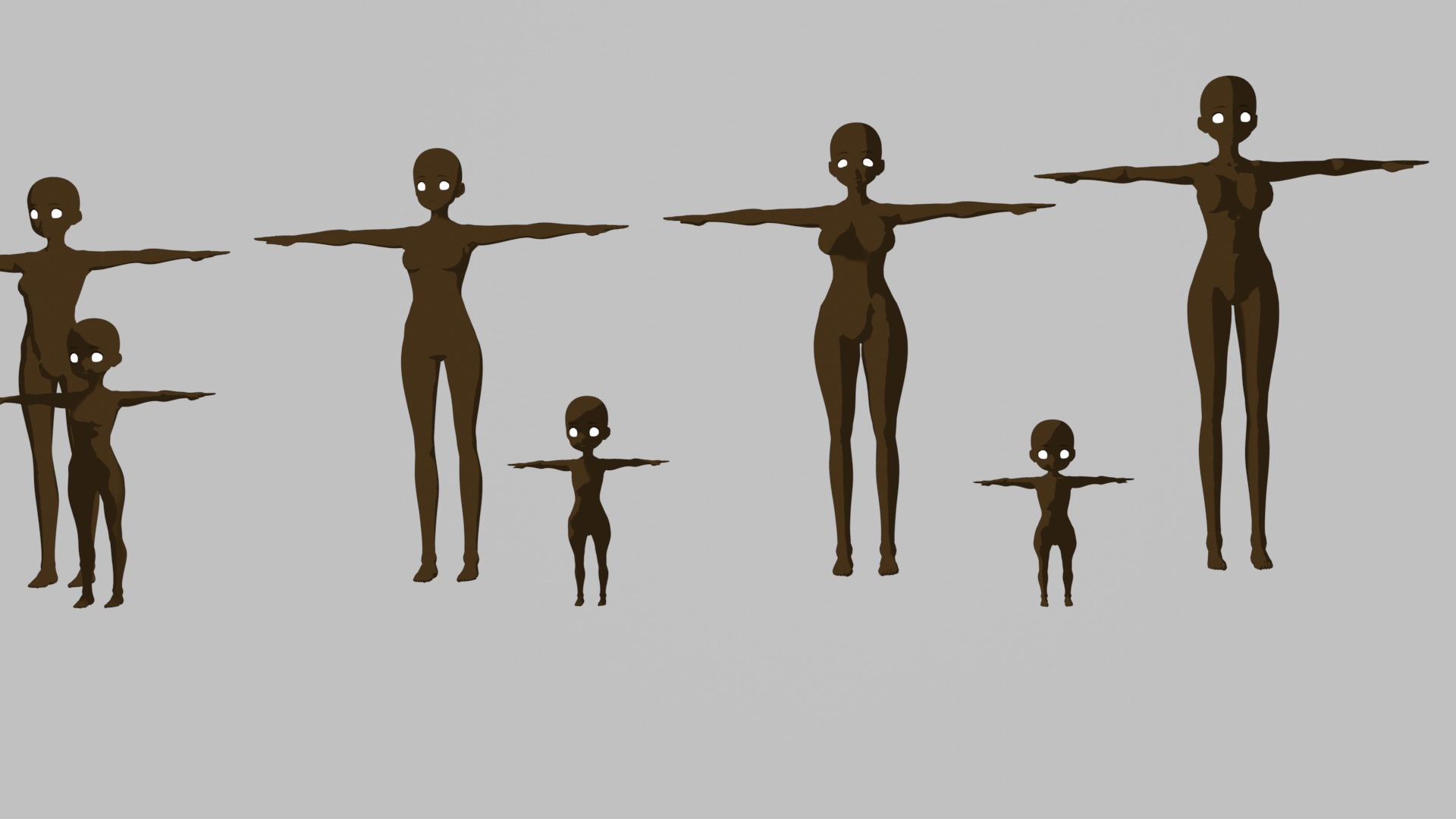 Base Meshes Black Female models Rigged - Manga - Baby to Adult Low-poly 3D model_8