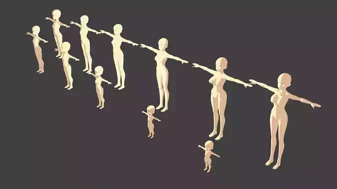 Base meshes female models rigged manga pack x11 - baby to adult