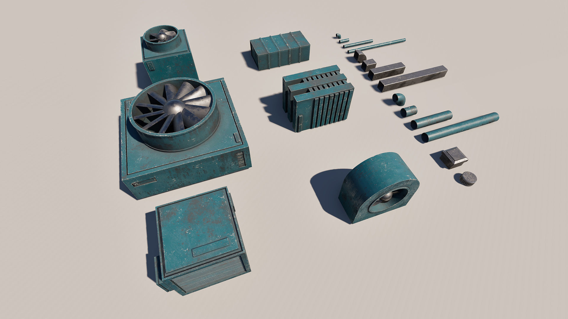 Sci-Fi Rooftop Air Conditioning System Kitbash Set Low-poly 3D model_2