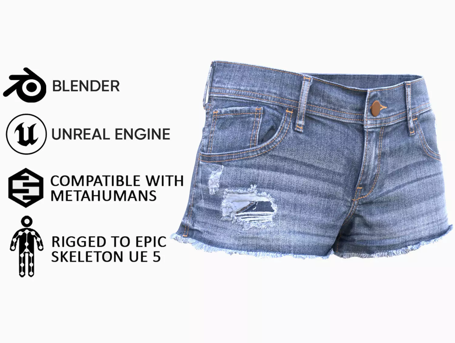 Denim Shorts 94 - All MH Bodies and UE5 Skeletons - Rigged Low-poly 3D model