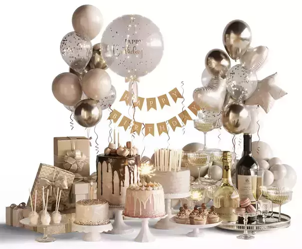Birthday Holiday Decoration with cakes and balloons and gifts 3D model