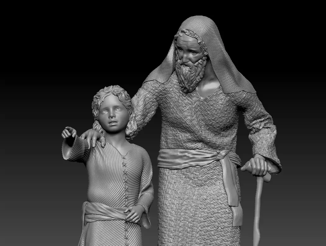 A young boy pointing the way accompanied by an old man printable 3D print model_0