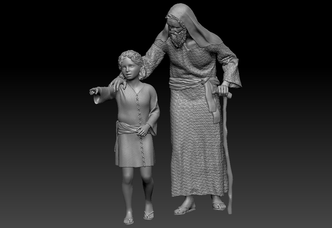 A young boy pointing the way accompanied by an old man printable 3D print model_1