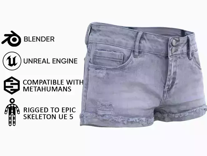 Denim Shorts 90 - All MH Bodies and UE5 Skeletons - Rigged Low-poly 3D model