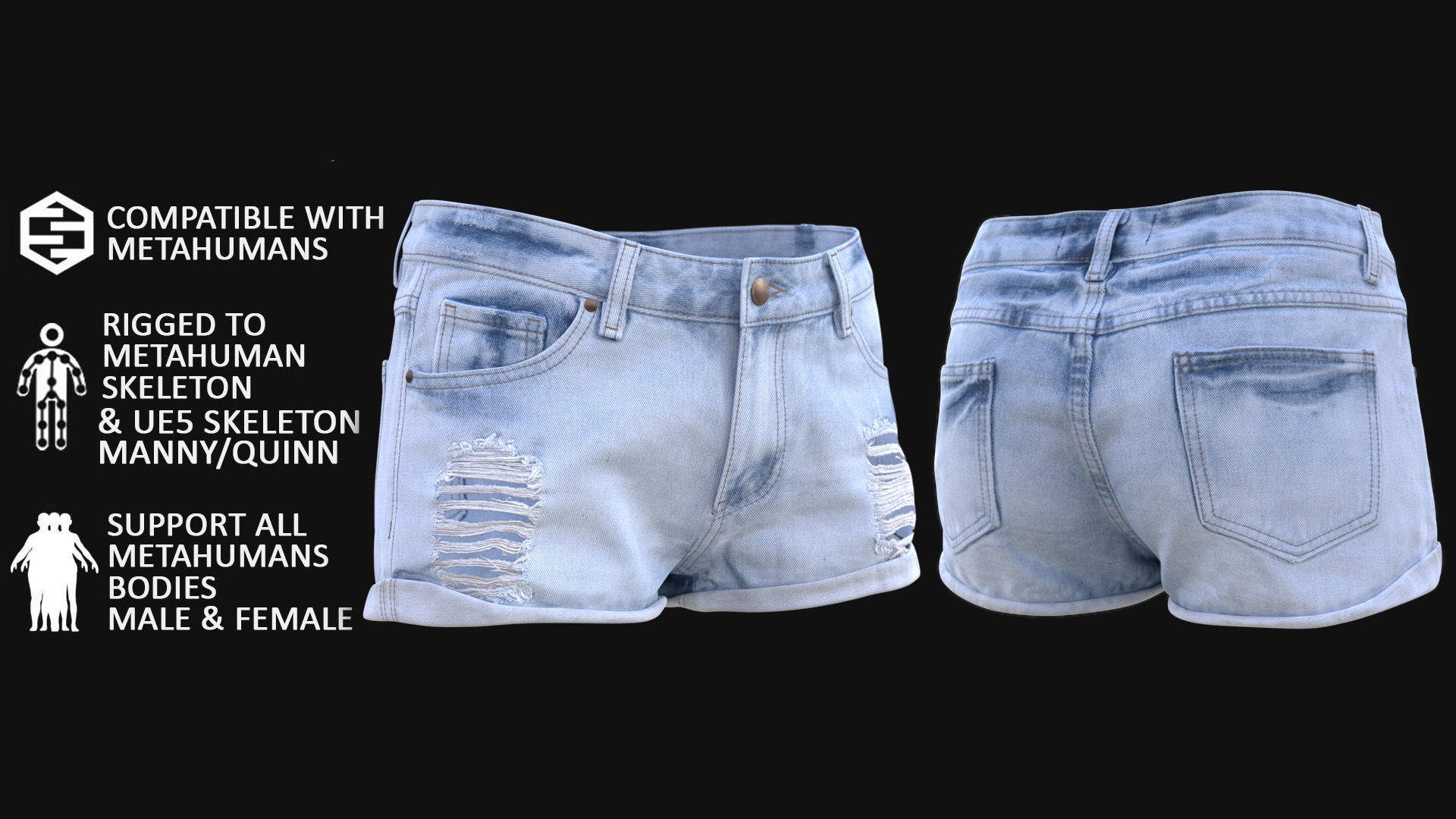Denim Shorts 85 - All MH Bodies and UE5 Skeletons - Rigged Low-poly 3D model_3