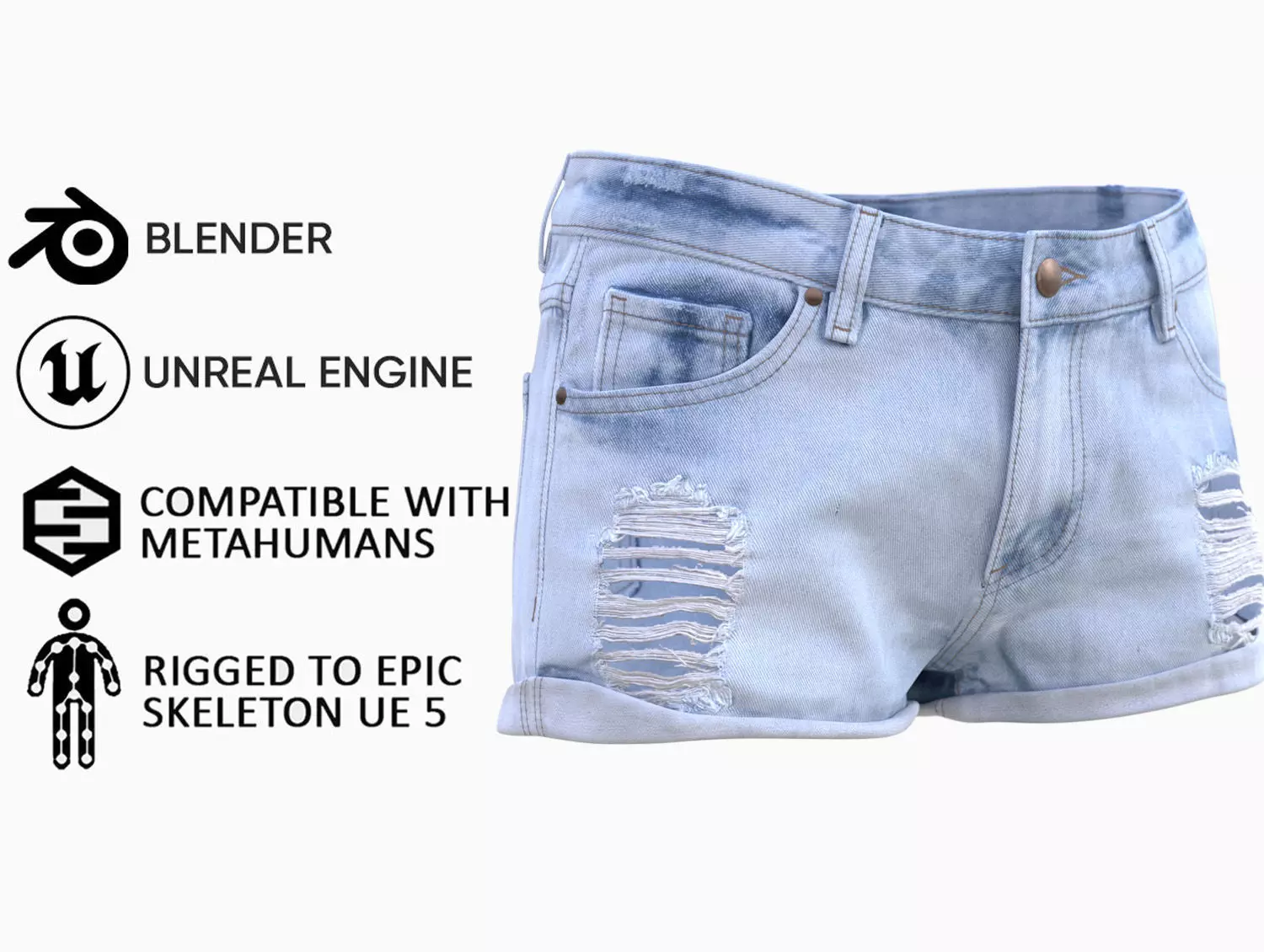 Denim Shorts 85 - All MH Bodies and UE5 Skeletons - Rigged Low-poly 3D model_0