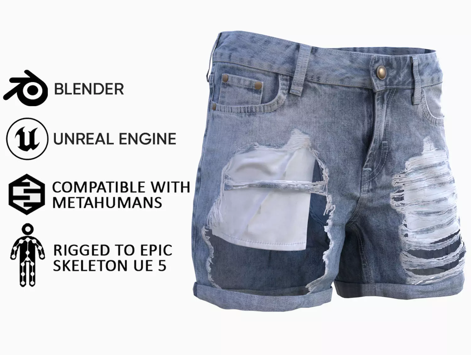 Denim Shorts 83 - All MH Bodies and UE5 Skeletons - Rigged Low-poly 3D model_0
