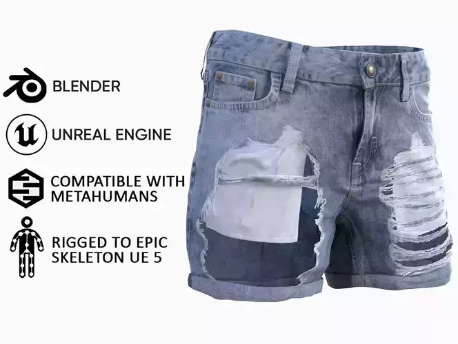 Denim Shorts 83 - All MH Bodies and UE5 Skeletons - Rigged Low-poly 3D model