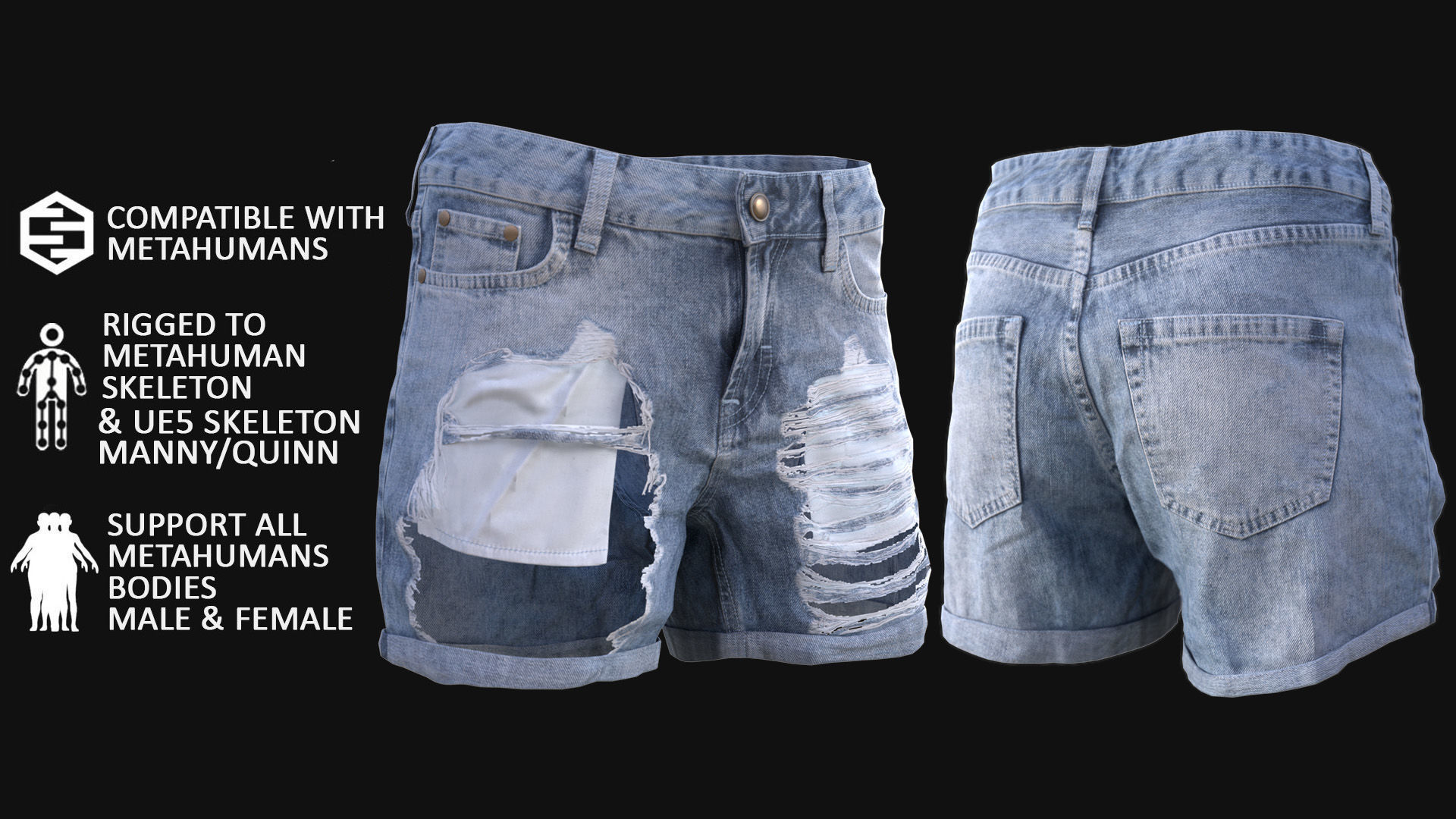Denim Shorts 83 - All MH Bodies and UE5 Skeletons - Rigged Low-poly 3D model_3