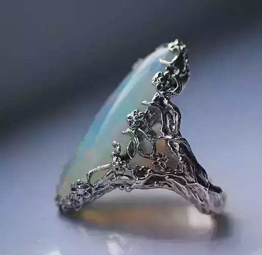 ring with oval opal tree with flowers branch 1320