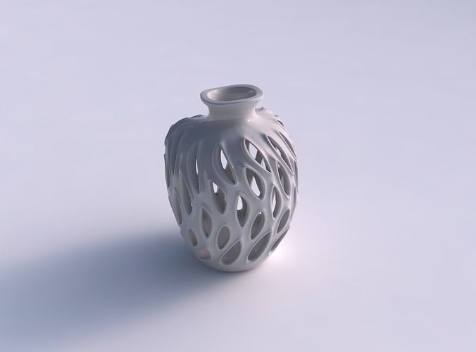 Vase twisted cylindrical compressed with smooth cuts, extruded edges and high neck wavy top