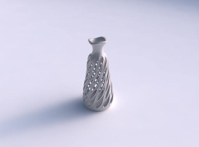 Vase twisted cylindrical compressed with smooth cuts, extruded edges and high neck streched and wavy top