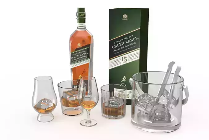 Whisky glass and ice bucket and bottle